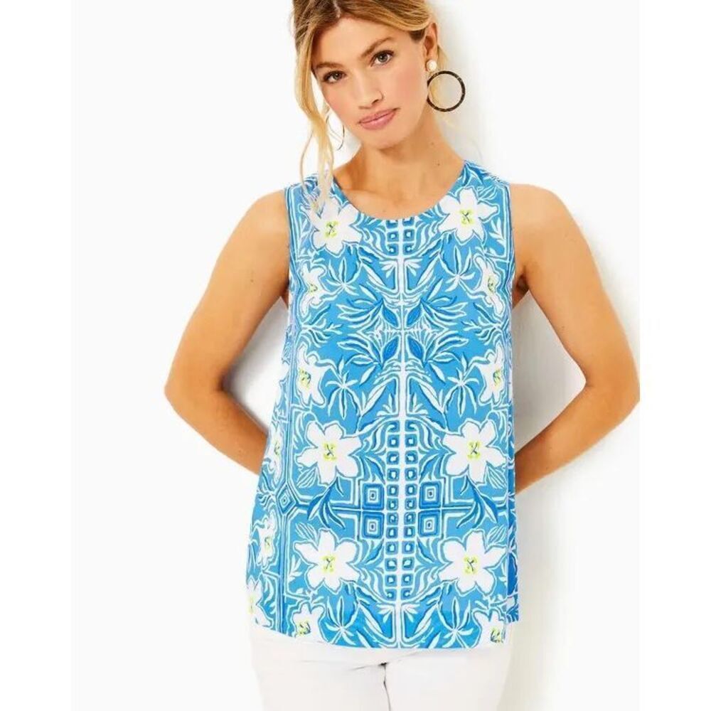 Lilly Pulitzer IONA SLEEVELESS TOP LUNAR BLUE MY FLUTTER HALF ENGINEERED TOP Siz